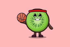 söt tecknad serie kiwi frukt karaktär spela basketboll vektor