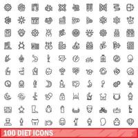 100 Diät-Icons gesetzt, Umrissstil vektor