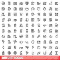 100 Diät-Icons gesetzt, Umrissstil vektor