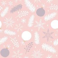 rosa sömlös mönster av gran grenar, snöflingor och jul leksaker. jul vektor illustration.
