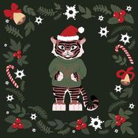 weihnachtssatz gezeichneter netter elemente. tiger in einem pullover mit hirsch und weihnachtsmütze, schneeflocken, fichte, glocken. Jahr des Tigers 2022. für Weihnachtskarten, Poster, Magnete. flache Abbildung vektor