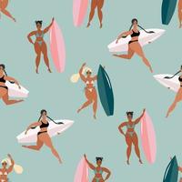 Mädchen mit nahtlosem Muster der Surfbretter. Frauen mit Surfbrettern. gebräunte Surferin mit Brettern. aktive Sommersport-Vektorillustration. modernes Plakatdesign für Web und Print. vektor