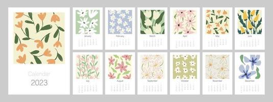 blommig kalendermall för 2023. vertikal design med ljusa färgglada blommor och blad. redigerbar illustration sidmall a4, a3, set om 12 månader med omslag. vektor mesh. veckan börjar på söndag.