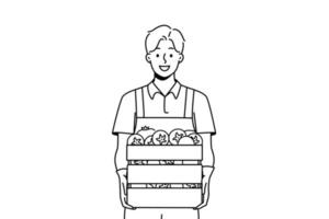 leende manlig jordbrukare innehav låda av färsk tomater. Lycklig man trädgårdsmästare med korgar av grönsaker från odla. trädgårdsarbete och lantbruk. vektor illustration.