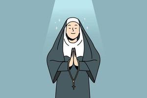 lugna nunna i traditionell kläder bön. kyrka syster med radband prata till Gud. religion och tro begrepp. vektor illustration.