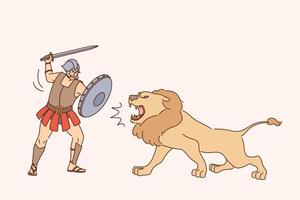 gladiator med lejon bekämpa begrepp. ung man gladiator tecknad serie karaktär i särskild enhetlig stående och stridande med lejon under visa vektor illustration