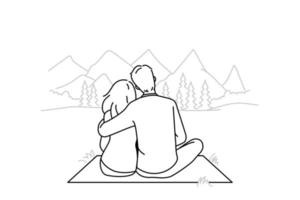 Lycklig par Sammanträde i bergen njuter avkopplande helgen tillsammans. man och kvinna kram i vild natur utomhus. vektor illustration.