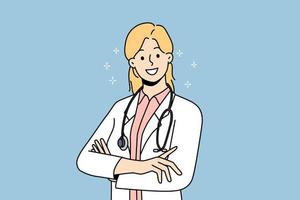 leende kvinna läkare i vit medicinsk enhetlig känna positiv och optimistisk. Lycklig kvinna gp eller terapeut Framställ som visar ledarskap kvaliteter. medicin. vektor illustration.