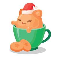 Tasse mit einem süßen Kätzchen - Ingwer-Dessert und Kekse. vektor einfache karikaturweihnachten und neujahrsillustration. design für kaffeehäuser, plakate, aufkleber, banner, postkarten