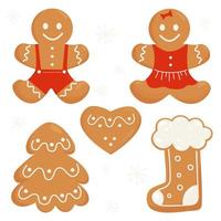 sammlung von weihnachtslebkuchen. süßer lebkuchenmann und -mädchen, baum, herz und weihnachtsstiefel. isolierte vektorelemente für ihr neues jahr design und dekor. vektor