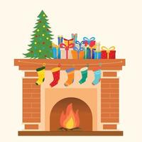 isolierter kamin mit anwesenden socken, weihnachtsbaum und geschenkboxen. Vektor-Illustration. vektor