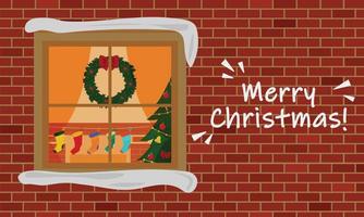 jul levande rum med öppen spis och jul träd genom de fönster i tegelstenar vägg. vektor illustration.