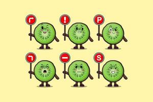 söt kiwi frukt tecknad serie innehav trafik tecken vektor