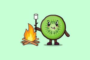 niedliche Cartoon-Kiwi-Frucht brennt Marshmallow vektor