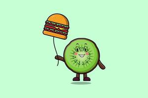 söt tecknad serie kiwi frukt flytande med burger vektor