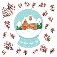 jul glas boll vektor illustration med vinter- hus och snö. jul kort med snö boll och vinter- landskap vektor illustration