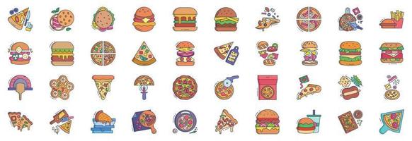 Sammlung von Symbolen im Zusammenhang mit Pizza und Burger, einschließlich Symbolen wie Pizza, Pommes, Burger, Monos und mehr. vektorillustrationen, pixelperfekter satz vektor