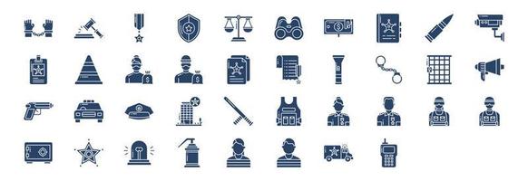 Sammlung von Symbolen im Zusammenhang mit Polizei und Recht, einschließlich Symbolen wie Verhaftung, Auktion, Kugel, Fernglas und mehr. vektorillustrationen, pixelperfekter satz vektor