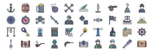 Sammlung von Symbolen im Zusammenhang mit Piraten, darunter Symbole wie Anker, Fass, Bier, Bombe und mehr. vektorillustrationen, pixelperfekter satz