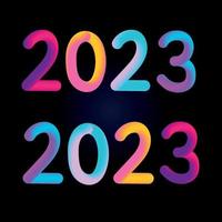Lycklig ny år 2023 framtida metavers neon text neon med metall effekt, tal och futurism rader. vektor hälsning kort, baner, congratulation affisch 3d illustration. modern trendig elektronisk ljus