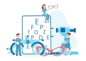 brillengeschäft oder optikgeschäft mit zubehör, optiker, sehkontrolle und brillen in handgezeichneten vorlagenillustrationen der flachen karikatur vektor