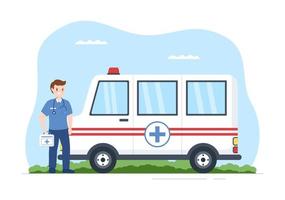 medizinisches fahrzeug, krankenwagen oder notdienst zur abholung des bei einem unfall verletzten patienten in handgezeichneten vorlagenillustration der flachen karikatur vektor