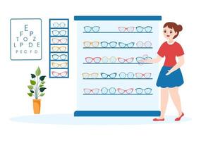 öga glasögon Lagra eller optisk affär med Tillbehör, optiker, kontroll syn och glasögon i platt tecknad serie hand dragen mallar illustration vektor