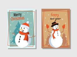 glad jul och Lycklig ny år hälsning kort med snögubbe vektor