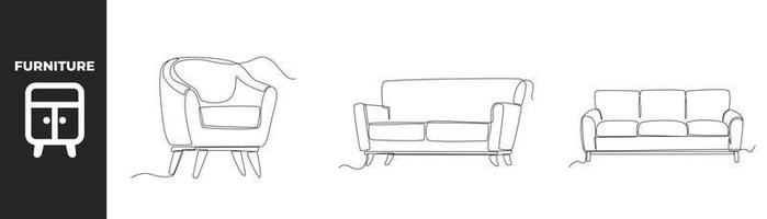 kontinuierliche einzeilige zeichnung modernes möbelset-konzept. trendiger Sofasessel und Sessel. einzeiliges zeichnen design vektorgrafik illustration. vektor