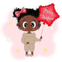 süßes afro-mädchen mit einer ballonweihnachtsvektorillustration vektor