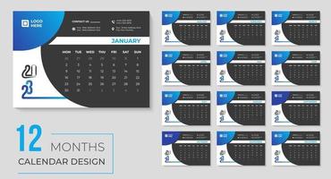 frohes neues jahr 2023 schreibtischkalender design, druckbare kalendervorlage für monatliche und jährliche veranstaltungen für geschäftsagenturen vektor