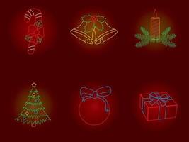 weihnachts- und neujahrs-neonlichtdekorationen auf dunkelroter hintergrundvektorillustration vektor