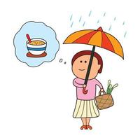 Kinder zeichnen Vektorillustration einer Dame mit einem Regenschirm an einem regnerischen Tag, die an eine warme Suppe im Cartoon-Stil denkt. vektor