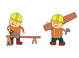 Kinder zeichnen Vektorillustration eines Zimmermanns, der einen Baumstamm sägt und der andere ein Holzbrett im Cartoon-Stil trägt vektor