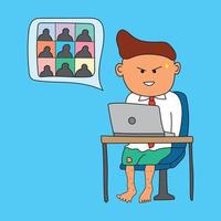 Kinder zeichnen lustige Vektorillustration eines Mannes, der von zu Hause aus arbeitet, kleiden sich ordentlich nur oben für Online-Meetings im Cartoon-Stil vektor