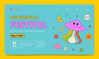 eine psychedelische Festival-Website-Vorlage im Stil der 1970er, 1960er Jahre. eine umrissene hippie-illustration mit positivem ufo, blumen, planeten. vektor