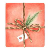 die Geschenke. schöne rote geschenkbox mit schleife, tannenzweig und tag. aquarell handgezeichnete illustration. weihnachtsgeschenkbox mit schleife mit dekorpapier überzogen. isoliert vektor