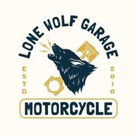 handgezeichneter vintage-stil des wolf-logos, des motorrads und der garage mit individuellem logo-abzeichen vektor