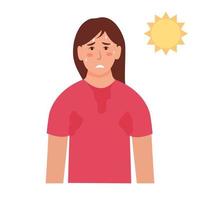 kvinna svettas en massa. flicka känner varm och utmattad, svettig kläder. vektor illustration