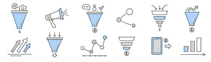 försäljning tratt klotter ikoner, linjär företag tecken vektor