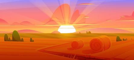 Ländliche Landschaft mit Heuballen auf dem Feld bei Sonnenuntergang vektor