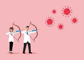 Ärztinnen und Ärzte, die mit einer Spritze mit Impfstoff gegen Coronavirus kämpfen vektor