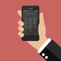 Hand, die ein Smartphone mit Anmeldebildschirm hält und den Passcode eingibt vektor