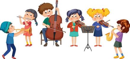 Orchesterband mit Kindern, die Musikinstrumente spielen vektor