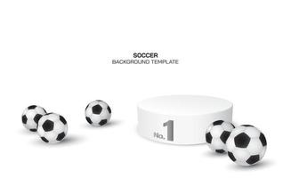 3D-Vektorillustration von Fußbällen und Siegerpodest mit weißem Hintergrund. Fußballhintergrund mit Leerzeichen.