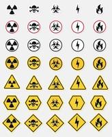 Gefahrenwarnkreis gelbes Schild. Strahlungszeichen, Giftzeichen und Biogefährdungsvektorsymbol isoliert auf weißem Hintergrund. vektor