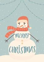 frohe weihnachtsgrußkarte mit niedlichem karikatur-schneemanncharakter vektor