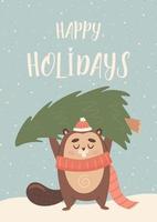Lycklig jul hälsning kort med söt tecknad serie bäver karaktär vektor