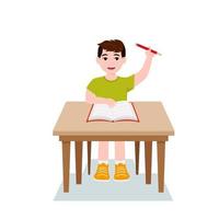 Pojkar är skrivande, barn håller på med läxa, matte på Hem. tecknad serie söt liten pojke i röd skjorta lokaliserings på de skrivbord. de begrepp av inlärning ålder. vektor illustrationer isolerat på vit bakgrund.
