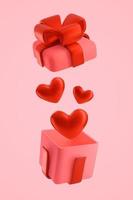 Eine offene Geschenkbox mit einer roten Schleife und 3D-Herzen, die herausfliegen. vektorillustration für muttertag oder valentinstag, für eine hochzeit. ein dekoratives Element im trendigen Stil vektor